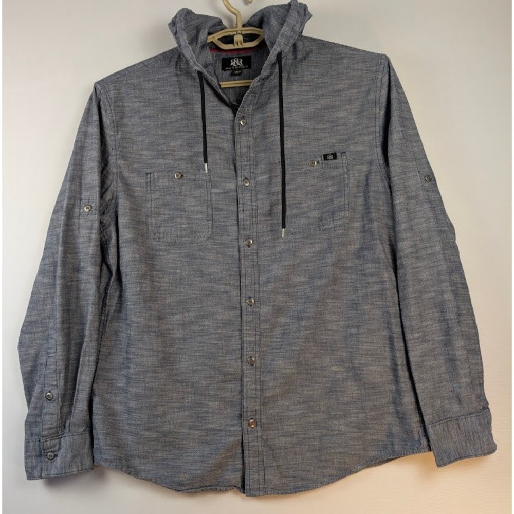 ROCK & REPUBLIC Chambray Shirt Mens L Blue Hoodie Shirt Roll Tab Sleeve